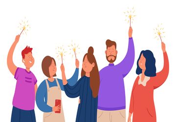 Group of happy friends standing with sparklers in hands